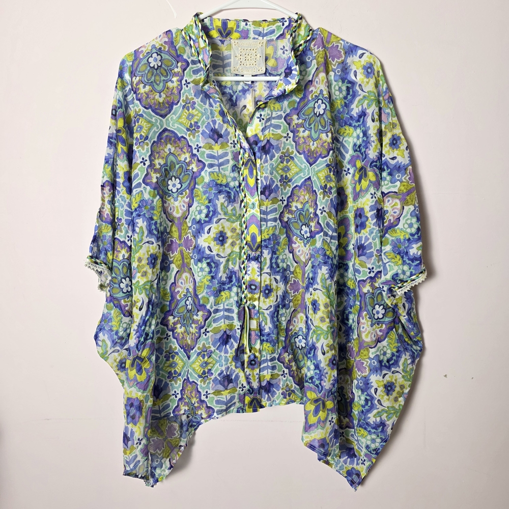 Johnny Was Silk Blend Boho Poncho Top Blue Purple Floral Batwing Small NWT
